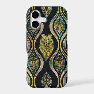 Chouette Tribale Dorée sur Motif Abalone Bohème