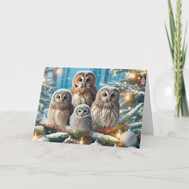 Chouettes bois Noël Cartes de voeux (Devant)