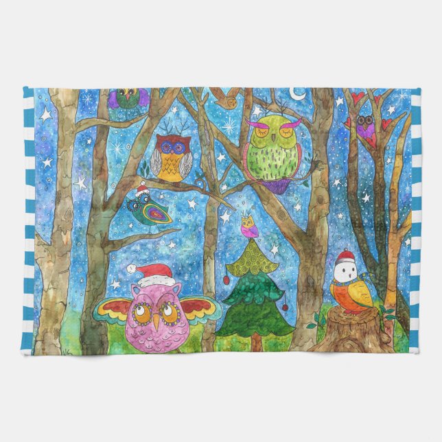 Chouettes de Noël mignonnes en serviette de cuisin (Horizontal)