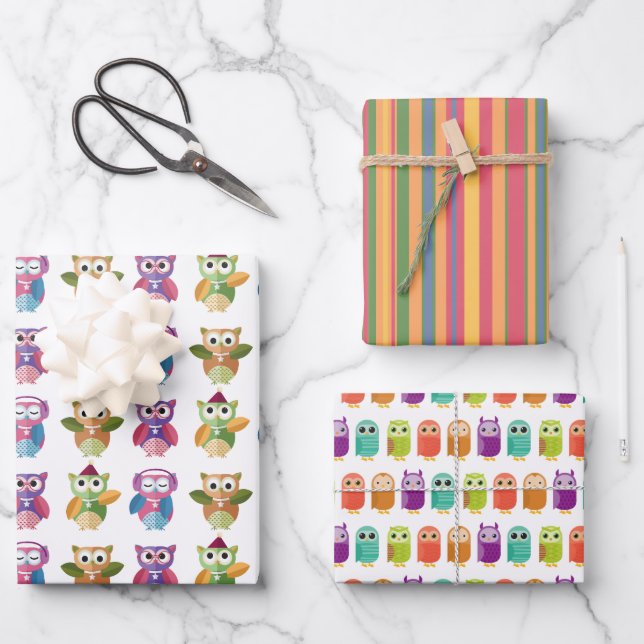 Chouettes et rayures Deux feuilles de papier à env (Recto)