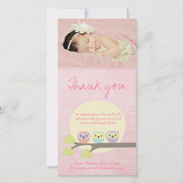 Chouettes mignonnes Merci rose bébé Carte photo (Devant)