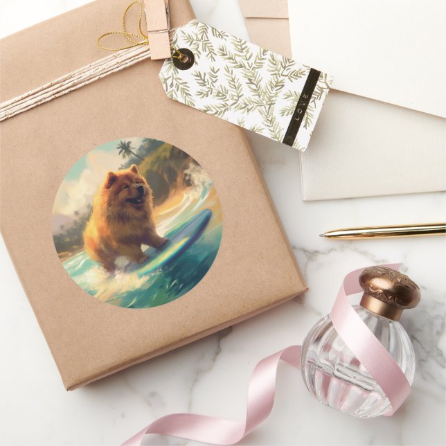 Chow Chow Beach Surfing Painting Classic Round Sticker (Gifting)