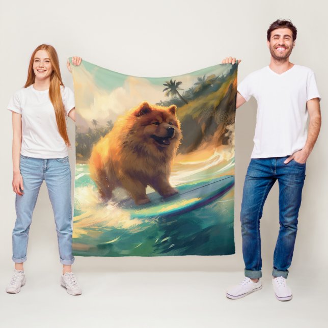 Chow Chow Beach Surfing Painting Fleece Blanket (In Situ)