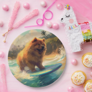 Chow Chow Beach Surfing Painting Paper Plate