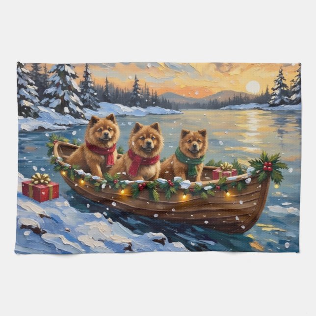 Chow Chow Christmas Boat Holiday Kitchen Towel (Horizontal)