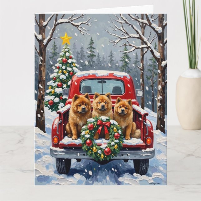 Chow Chow Christmas Red Truck Holiday Card (Front)