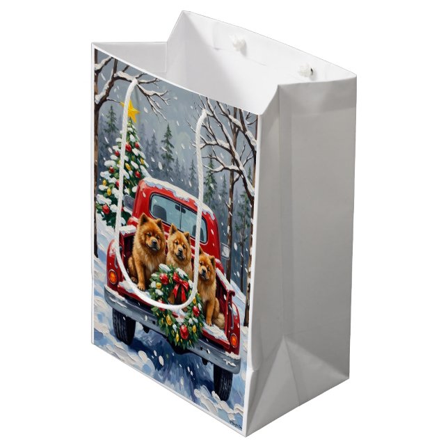 Chow Chow Christmas Red Truck Holiday Medium Gift Bag (Front Angled)