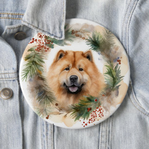 chow chow Christmas Wreath Festive Pup 6 Inch Round Button