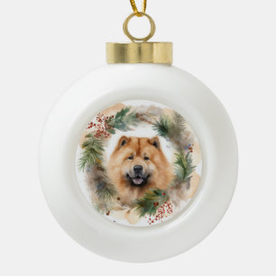 chow chow Christmas Wreath Festive Pup  Ceramic Ball Christmas Ornament