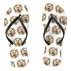 chow chow Christmas Wreath Festive Pup  Flip Flops