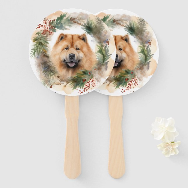 chow chow Christmas Wreath Festive Pup  Hand Fan (Front and Back)