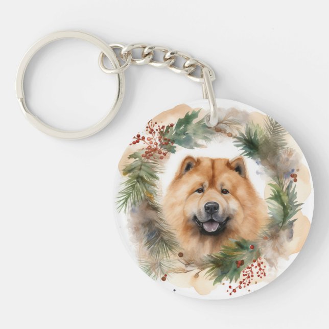 chow chow Christmas Wreath Festive Pup  Keychain (Front)