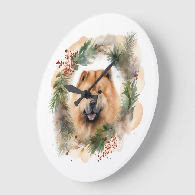 chow chow Christmas Wreath Festive Pup  Large Clock (Angle)