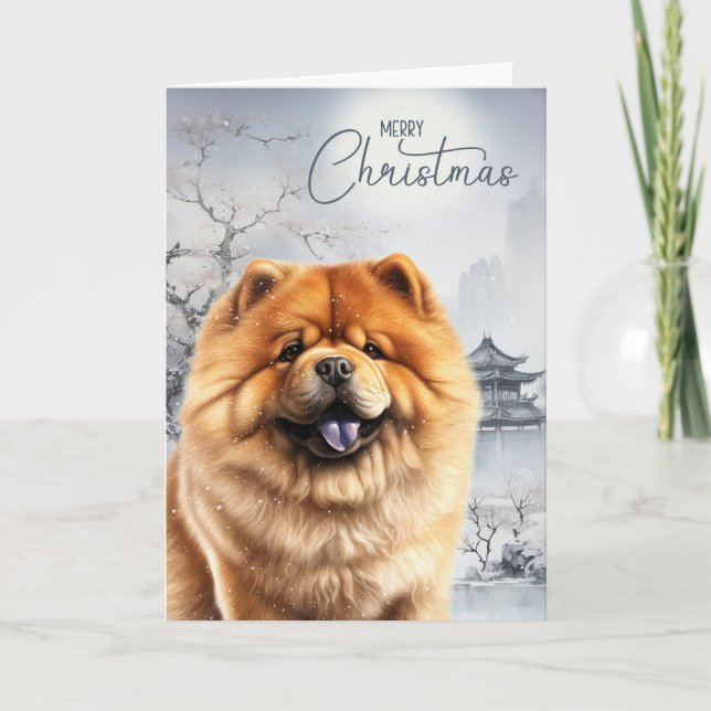 Chow Chow Dog and Snowy Chinese Winter Holiday Card (Front)