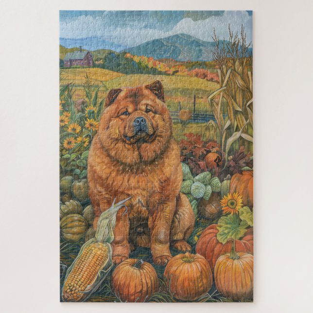 Chow Chow Dog Autumn Harvest Thanksgiving Jigsaw Puzzle (Vertical)