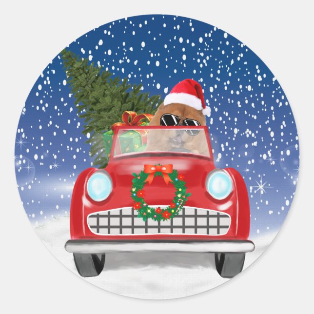 Chow Chow Dog Driving Car In Snow Classic Round Sticker (Front)