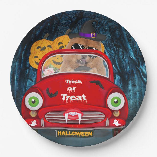 Chow Chow Dog Driving Car Scary Halloween  Paper Plate (Front)