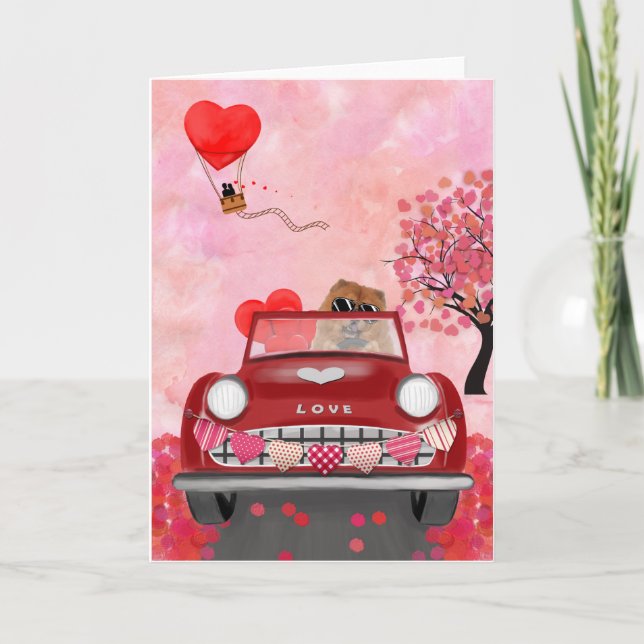 Chow Chow Dog Driving Car with Hearts Valentine's  Card (Front)