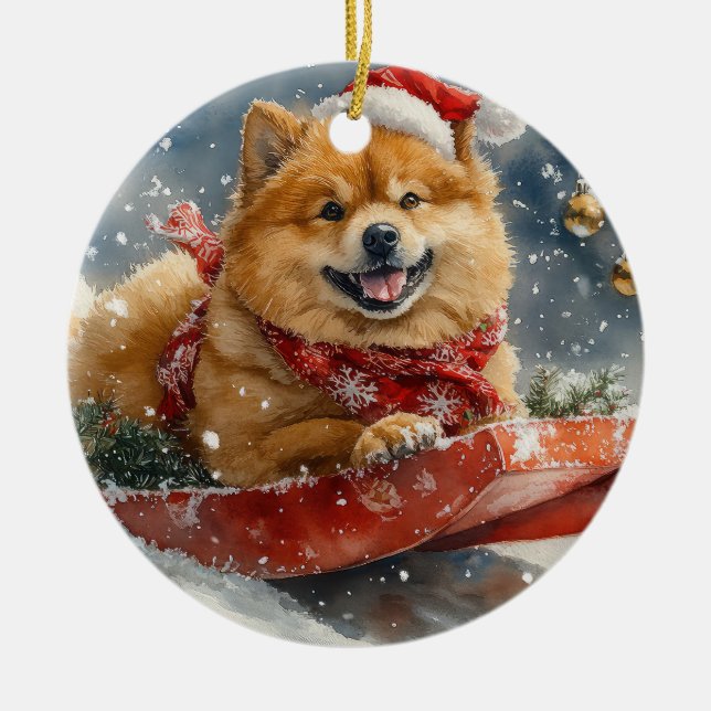 Chow Chow Dog in Sledge Let it Snow Christmas Ceramic Ornament (Front)