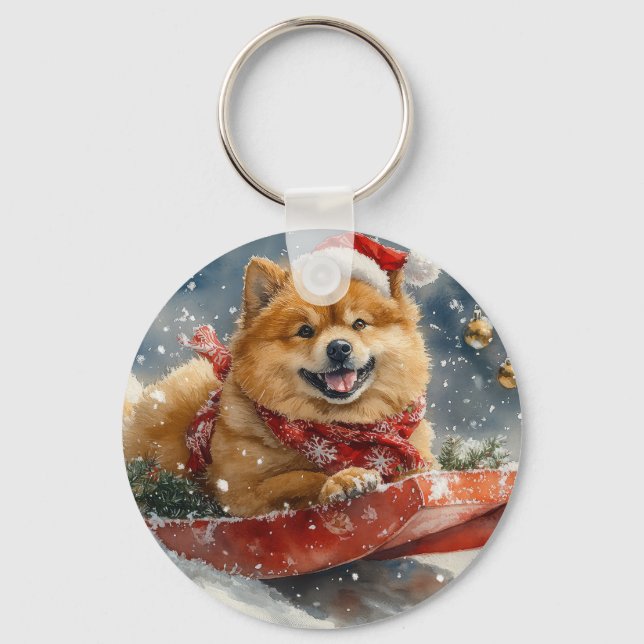 Chow Chow Dog in Sledge Let it Snow Christmas Keychain (Front)