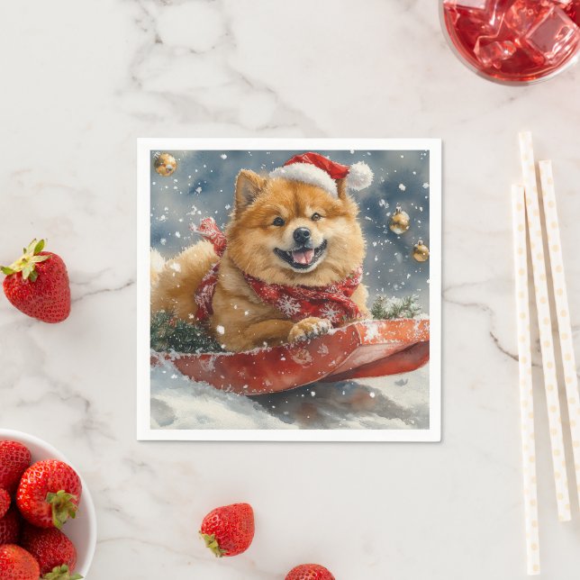 Chow Chow Dog in Sledge Let it Snow Christmas Napkin (Insitu)