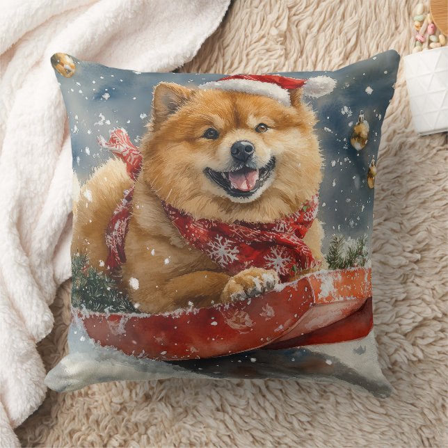 Chow Chow Dog in Sledge Let it Snow Christmas Throw Pillow (Blanket)