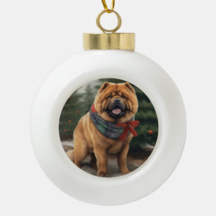 Chow Chow Dog in Snow Christmas Ceramic Ball Christmas Ornament