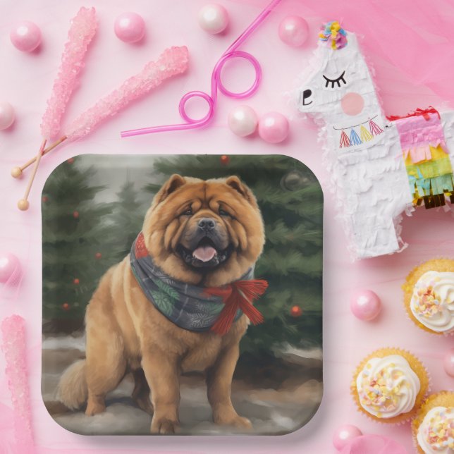 Chow Chow Dog in Snow Christmas Paper Plate (Party)