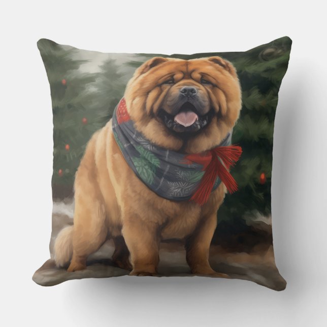 Chow Chow Dog in Snow Christmas Throw Pillow (Front)