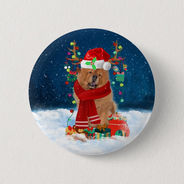 Chow Chow Dog in Snow with Christmas Gifts  2 Inch Round Button (Front)
