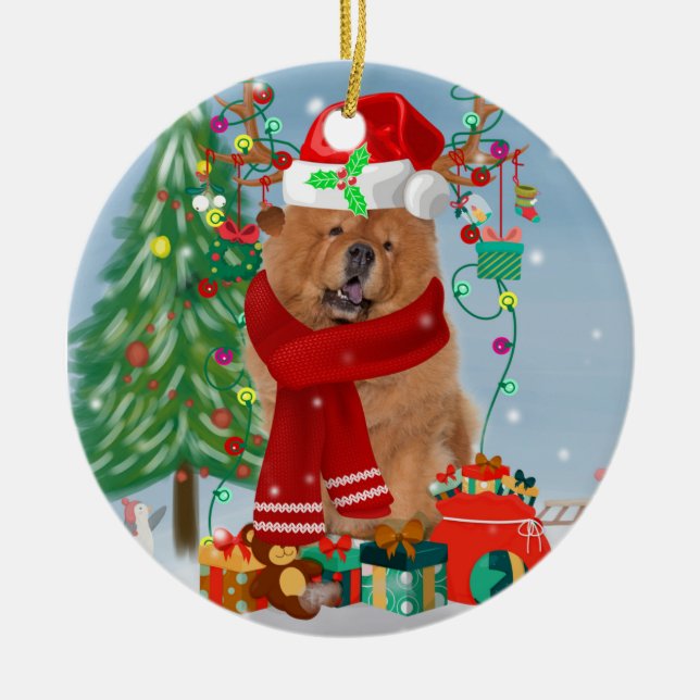 Chow Chow Dog in Snow with Christmas Gifts  Ceramic Ornament (Front)