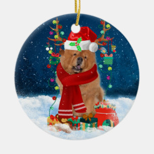 Chow Chow Dog in Snow with Christmas Gifts Ceramic Ornament