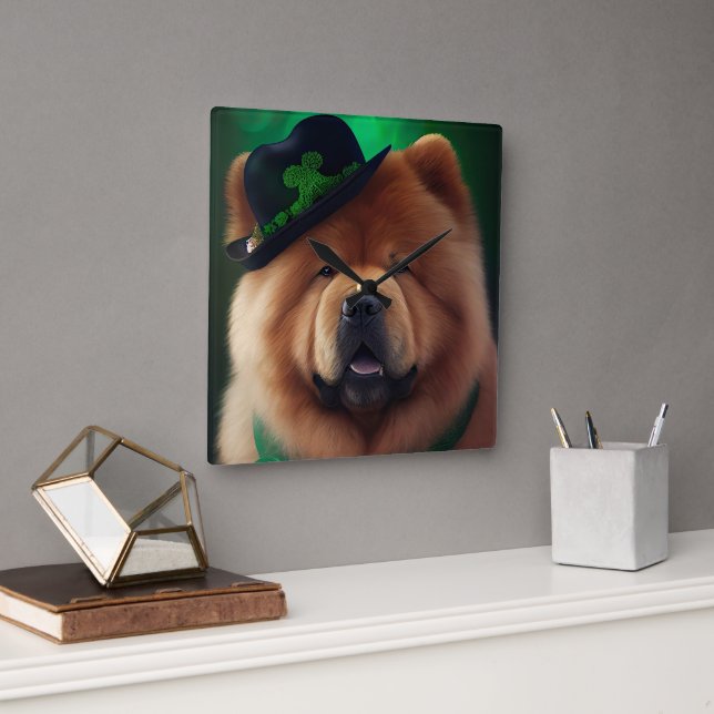 Chow Chow Dog in St. Patrick's Day Dress Square Wall Clock (Office)