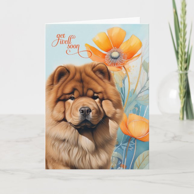 Chow Chow Dog Orange Poppy Blooms Get Well Card (Front)