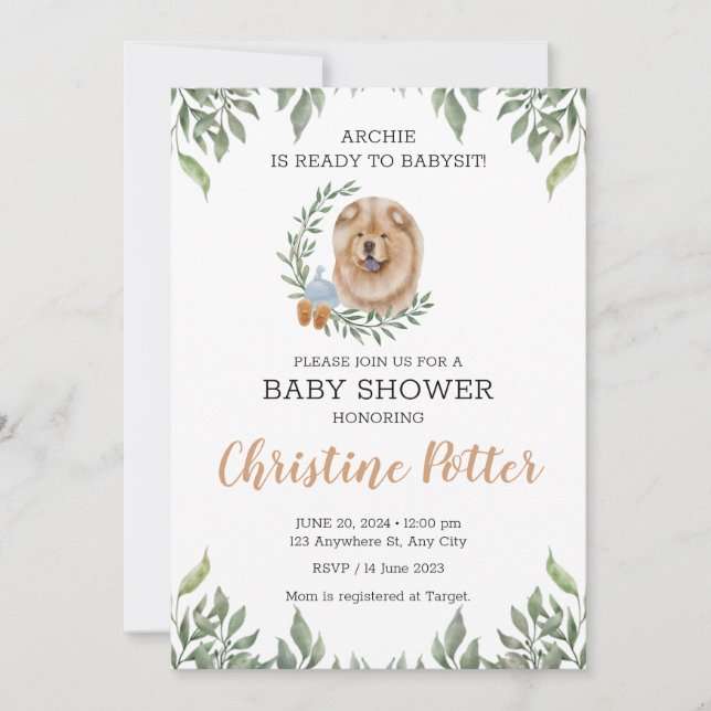 Chow Chow Dog Puppy Greenery Boho Baby Shower Invitation (Front)