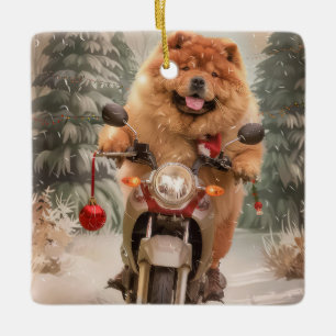 Chow Chow Dog Riding Motorcycle Christmas Ceramic Ornament