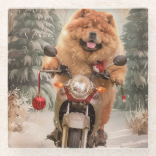 Chow Chow Dog Riding Motorcycle Christmas Glass Coaster