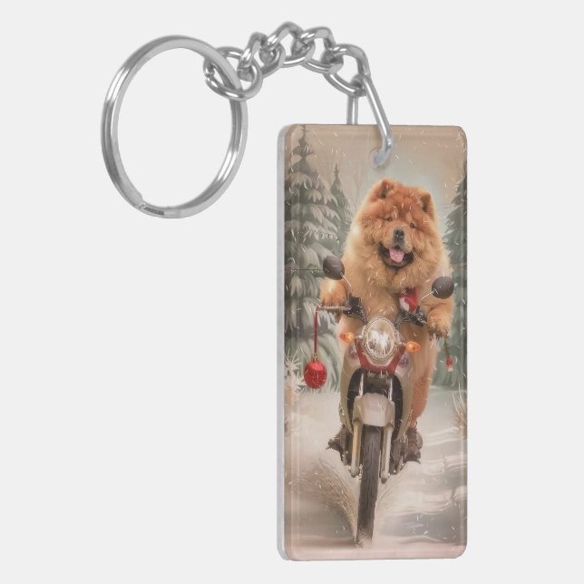 Chow Chow Dog Riding Motorcycle Christmas Keychain (Front Left)