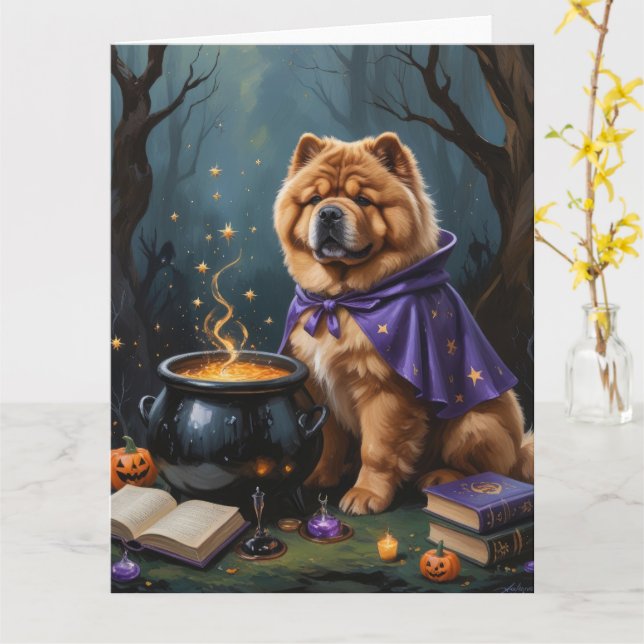 Chow Chow Dog Whimsical Halloween Painting Card (Yellow Flower)
