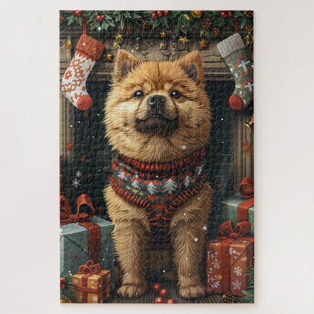 Chow Chow Dog With Christmas Gifts Fireplace Jigsaw Puzzle (Vertical)