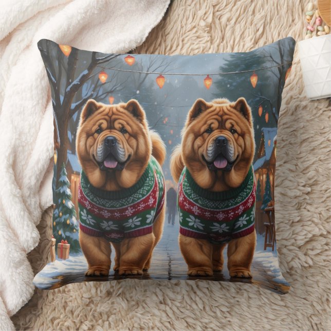 Chow Chow Dogs Christmas Snow Holiday  Throw Pillow (Blanket)