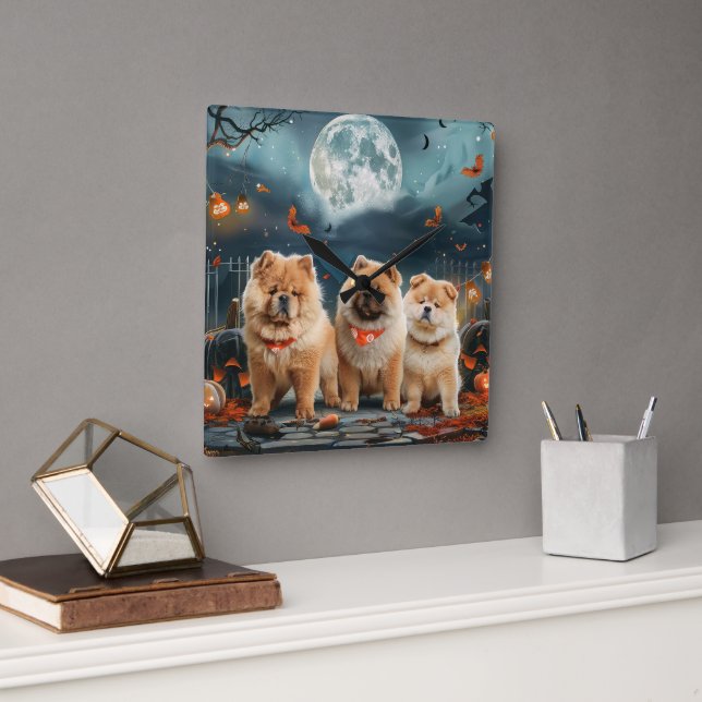 Chow Chow Halloween Spooky Square Wall Clock (Office)