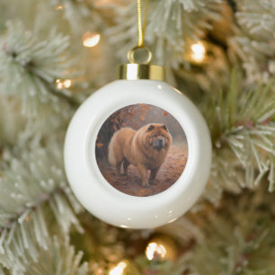 Chow Chow in Autumn Leaves Fall Inspire Ceramic Ball Christmas Ornament