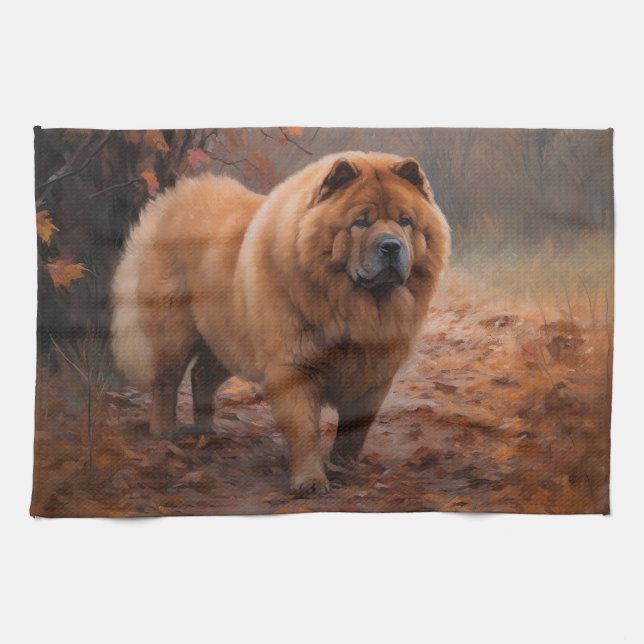 Chow Chow in Autumn Leaves Fall Inspire  Kitchen Towel (Horizontal)