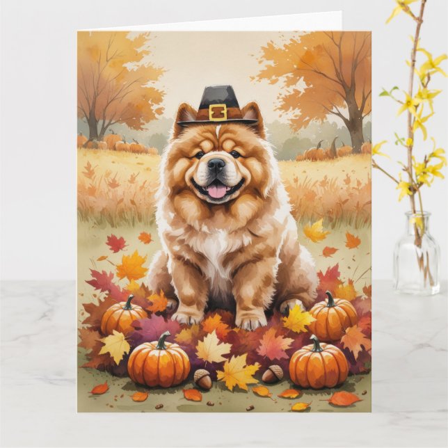 Chow Chow In Autumn Leaves Thanksgiving Art Card (Yellow Flower)