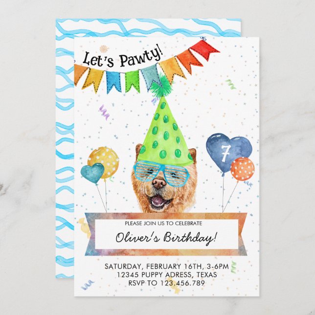 Chow Chow Lets Pawty Dog Birthday Party Invitation (Front/Back)