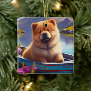 Chow Chow on a Paddle: A Scenic Adventure Ceramic Ornament