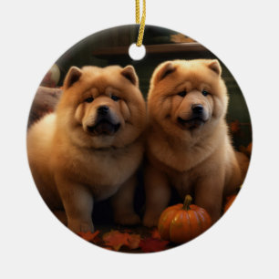 Chow Chow Puppy Autumn Delight Pumpkin Ceramic Ornament