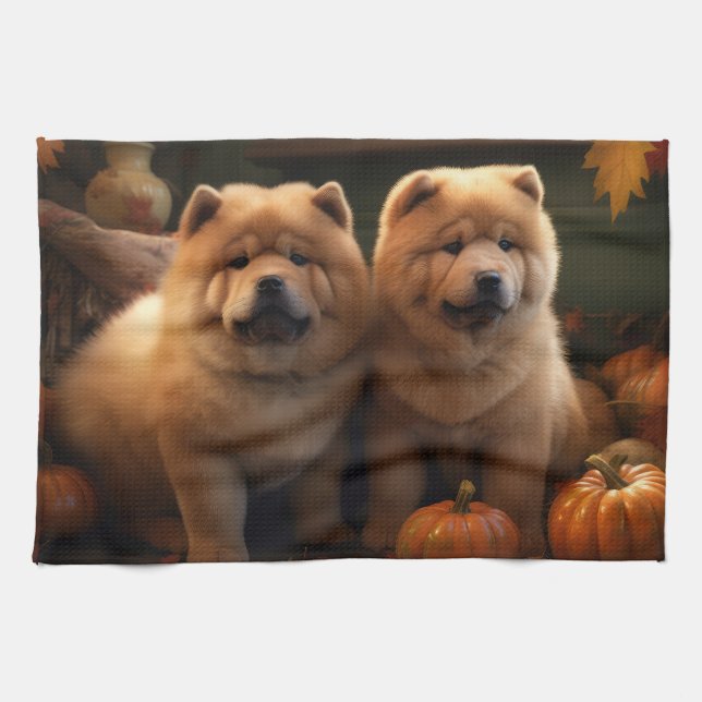 Chow Chow Puppy Autumn Delight Pumpkin Kitchen Towel (Horizontal)