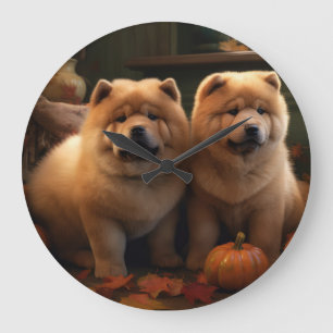 Chow Chow Puppy Autumn Delight Pumpkin Large Clock